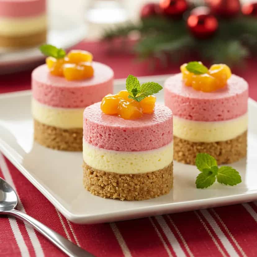 Foto deliciosa de Mousse de Morango e Pêssego em Camadas com Chocotone pronta para servir - Pudins & Cremes