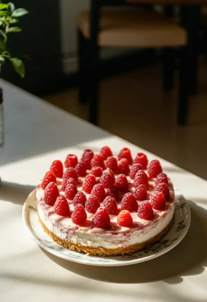Foto deliciosa de Cheesecake de Framboesa Sem Forno pronta para servir - Sem Assar
