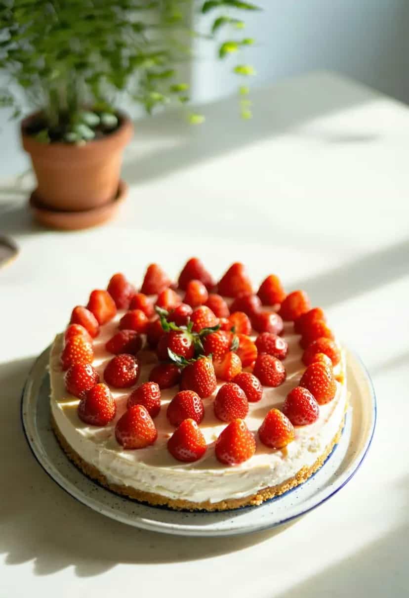 Foto deliciosa de Cheesecake de Morango Sem Forno pronta para servir - Sem Assar