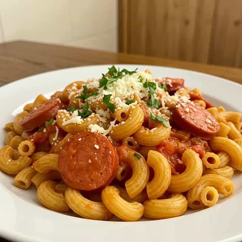 Foto deliciosa de O suculento macarrão com salsicha pronta para servir - Até 5 Ingredientes