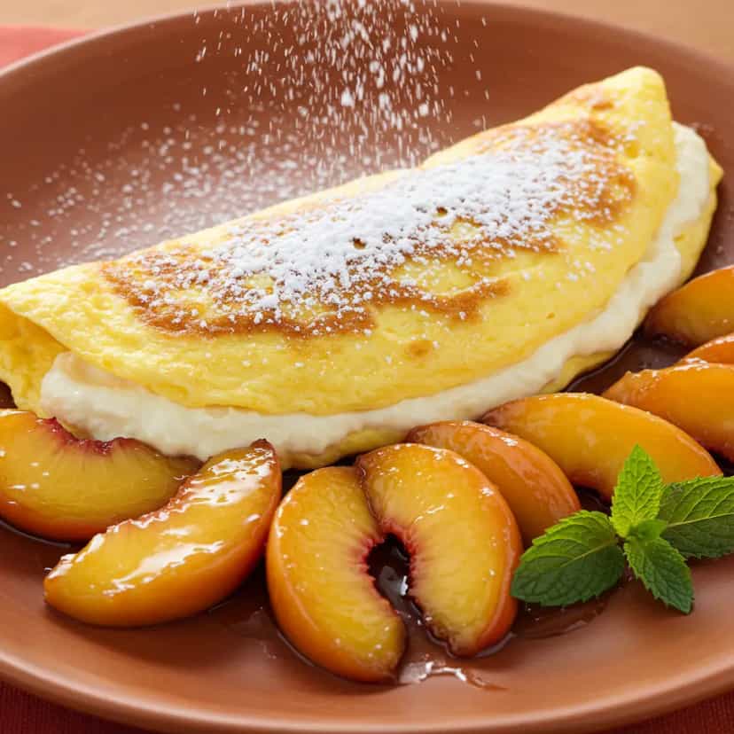 Foto deliciosa de Omelete Suflê com Pêssegos Caramelizados pronta para servir - Brunch