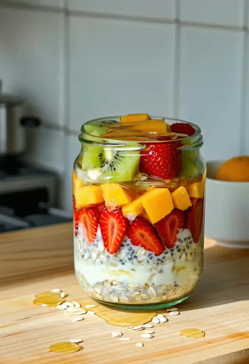 Foto deliciosa de Overnight Oats com Iogurte e Frutas pronta para servir - Aveia