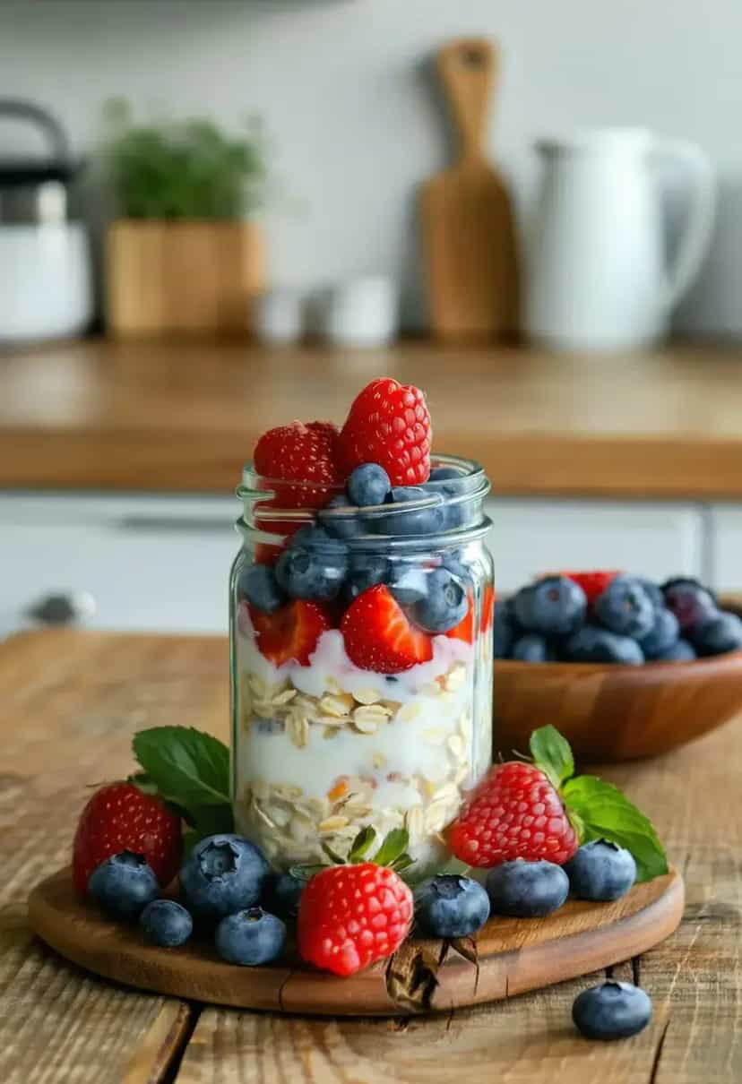 Foto deliciosa de Aveia de Um Dia para o Outro com Frutas Vermelhas pronta para servir - Aveia