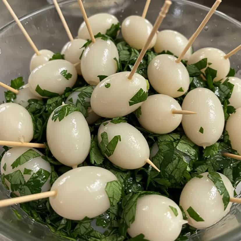 Foto deliciosa de Ovos de Codorna com Azeite e Cheiro-Verde pronta para servir - Salgadinhos