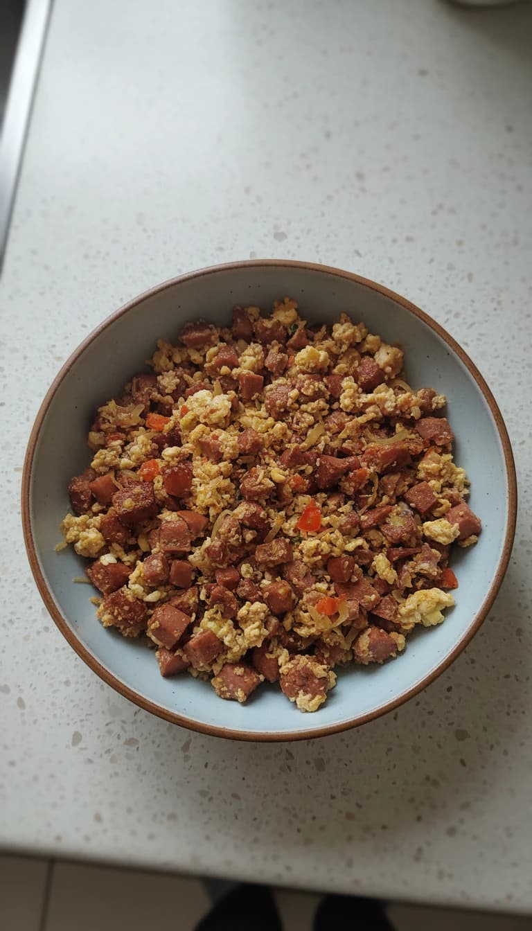 Ovos Mexidos com Calabresa e Farofa Crocante