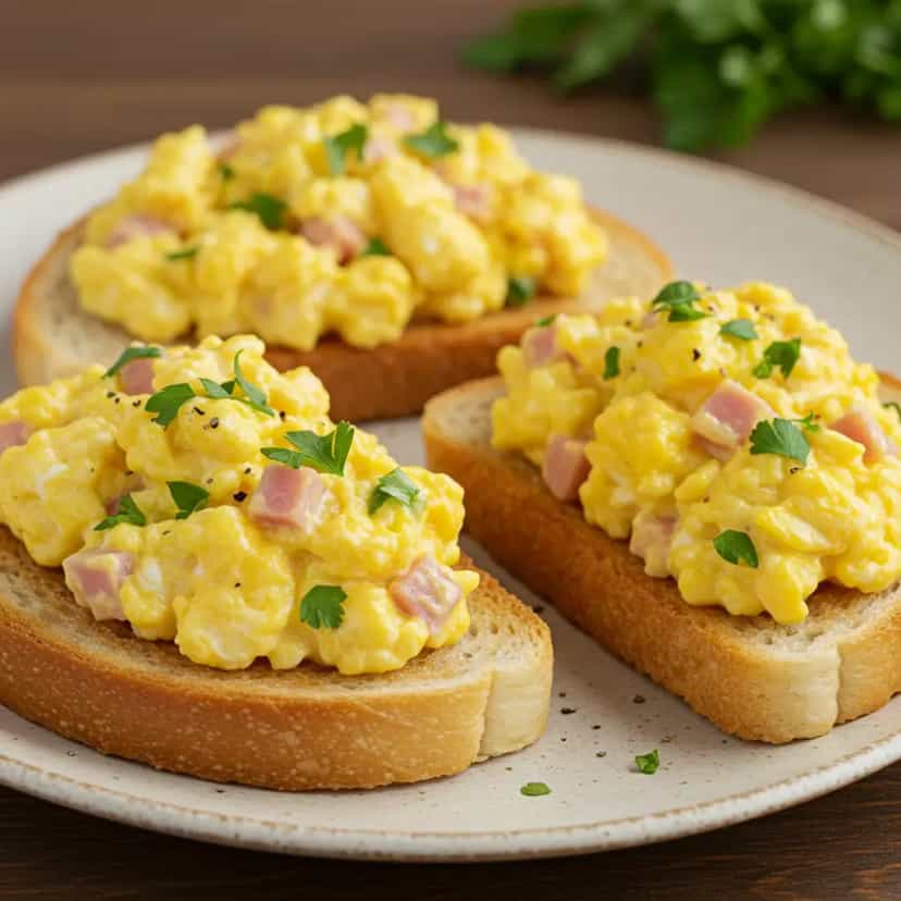 Foto deliciosa de Ovos Mexidos com Presunto e Queijo pronta para servir - Brunch