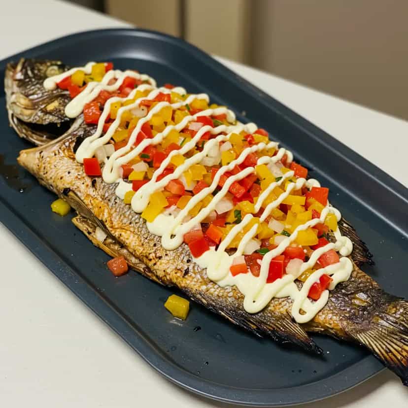 Foto deliciosa de Pacu ou Tilápia Assada com Vinagrete e Requeijão Cremoso pronta para servir - Peixes & Frutos do Mar