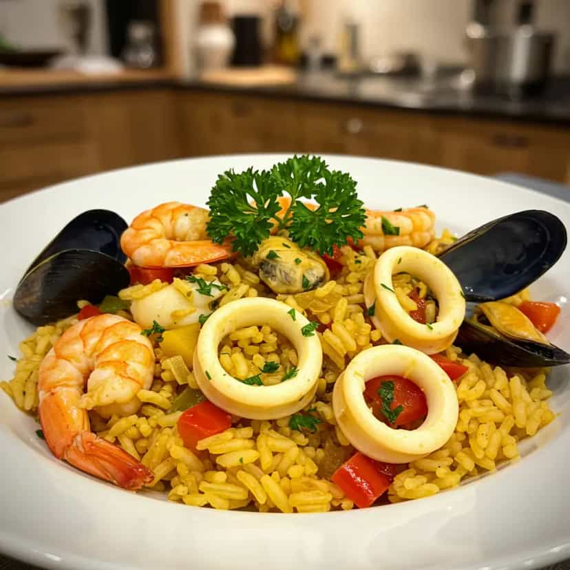 Foto deliciosa de Paella a Marineira pronta para servir - Peixes & Frutos do Mar