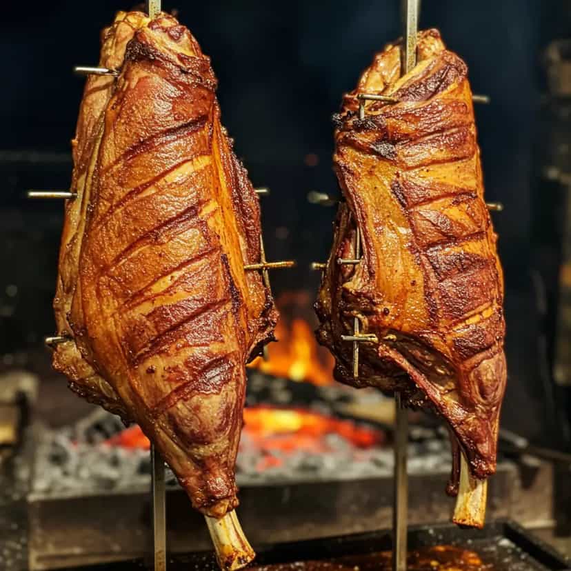 Foto deliciosa de Paleta e Pernil de Cordeiro Assados no Churrasco pronta para servir - Carnes & Frango