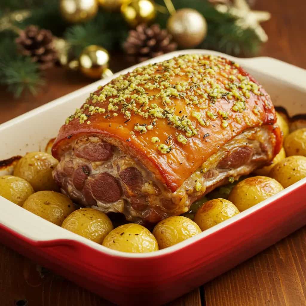 Paleta Suína Assada com Batatas ao Alecrim e Mostarda