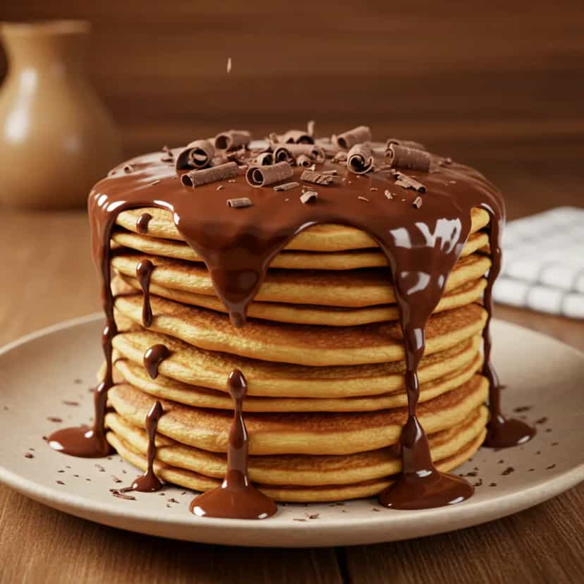 Foto deliciosa de Panqueca americana com calda de chocolate pronta para servir - Panquecas & Waffles