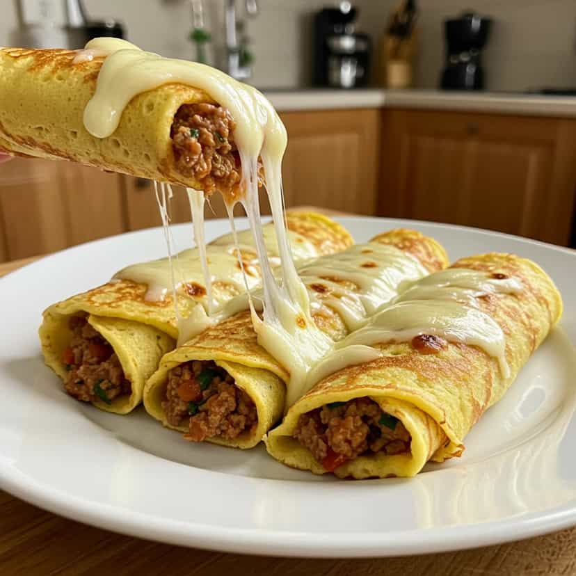 Foto deliciosa de Panqueca com recheio de carne moída e mussarela pronta para servir - Almoço & Jantar