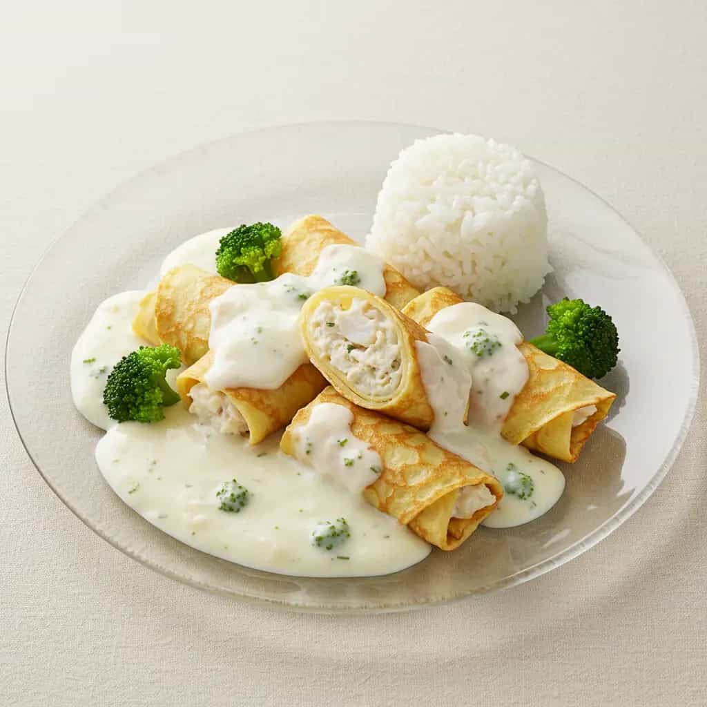 Panqueca de Filé de Merluza ao Molho Branco com Brócolis