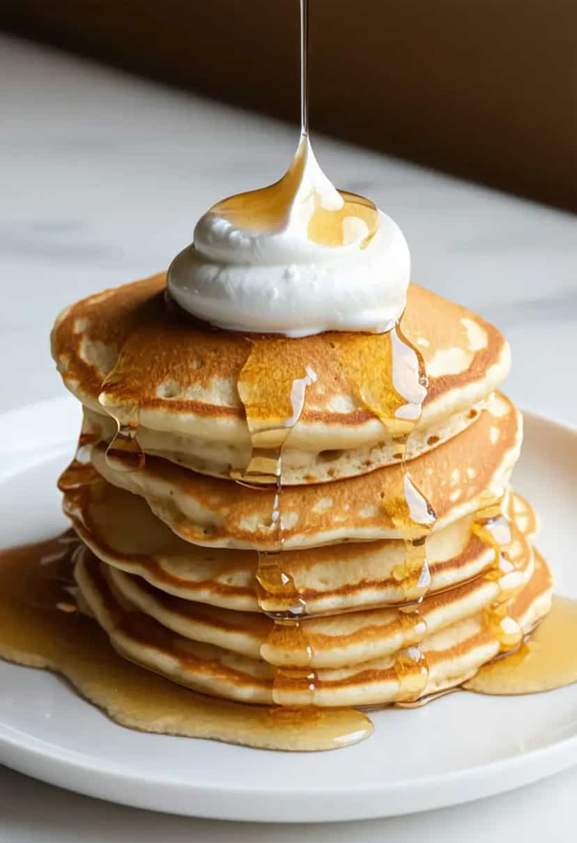 Foto deliciosa de Panquecas com Creme de Leite pronta para servir - Panquecas & Waffles