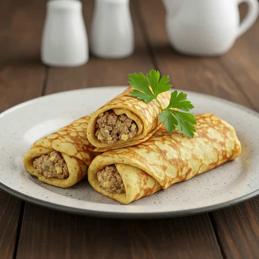 Foto deliciosa de Panquecas de Grão-de-Bico com Recheio de Carne Moída pronta para servir - Almoço & Jantar