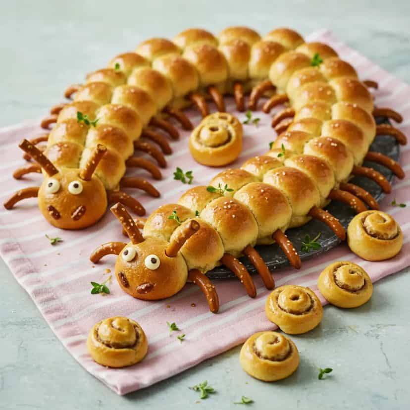 Foto deliciosa de Pão de Cenoura e Aveia: Formato de Centopéia pronta para servir - Lanches de Padaria