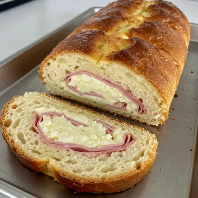 Foto deliciosa de Pão Recheado com Presunto e Mussarela pronta para servir - Lanches de Padaria