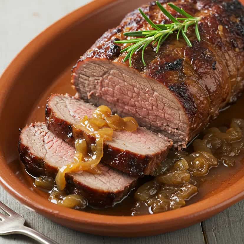 Foto deliciosa de Patinho Assado na Pressão com Cerveja e Vinho pronta para servir - Carnes & Frango