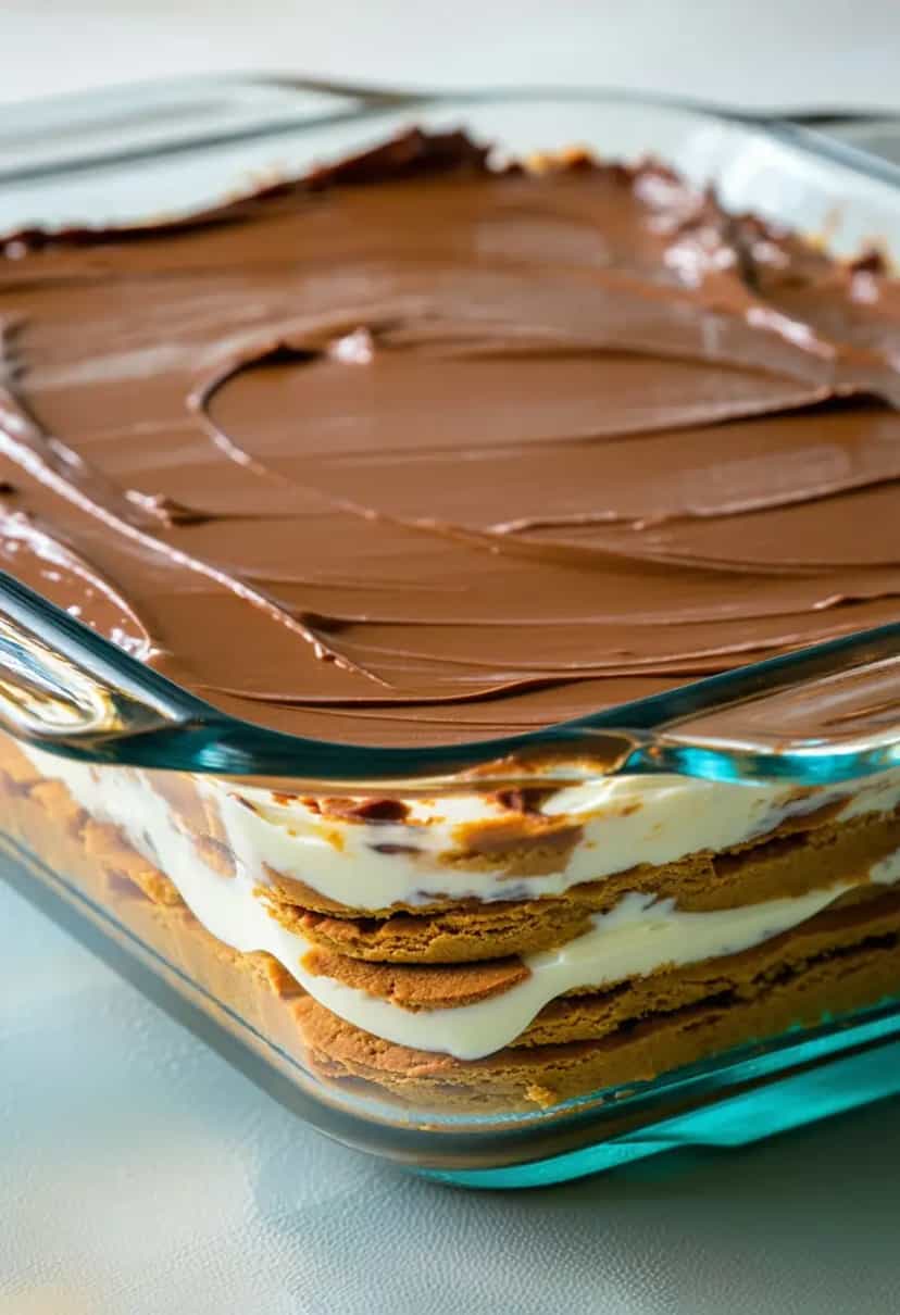 Foto deliciosa de Pavê de Bolacha Maizena com Chocolate pronta para servir - Sem Assar