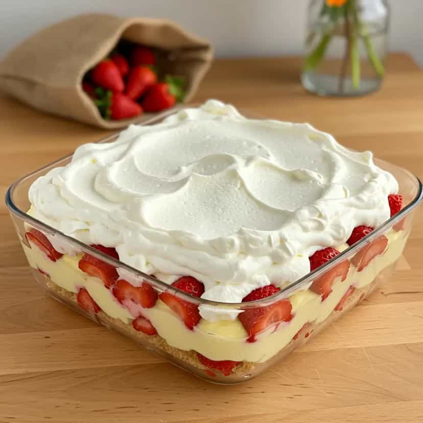Foto deliciosa de Pavê de Morango Clássico pronta para servir - Pudins & Cremes