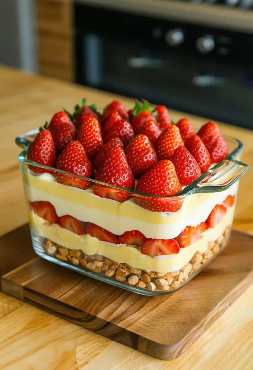Foto deliciosa de Pavê de Morango com Bis pronta para servir - Sem Assar
