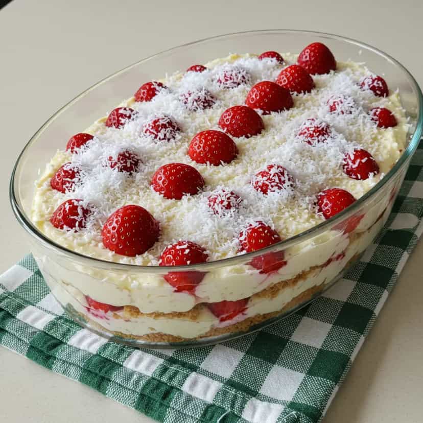 Foto deliciosa de Pavê de Morango Irresistível pronta para servir - Pudins & Cremes