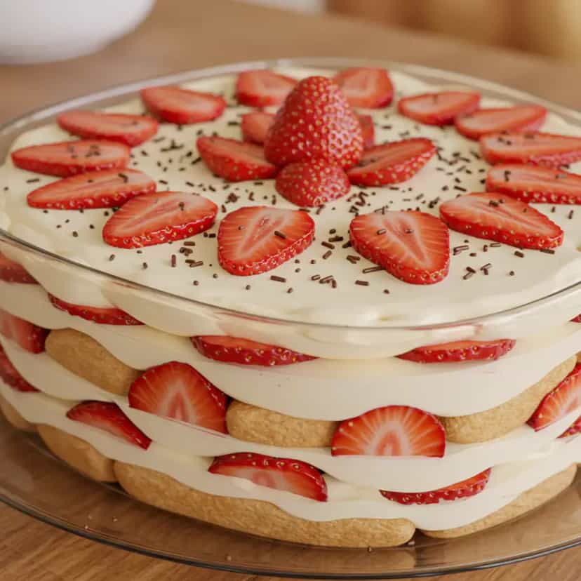 Foto deliciosa de Pavê de morangos pronta para servir - Sem Assar