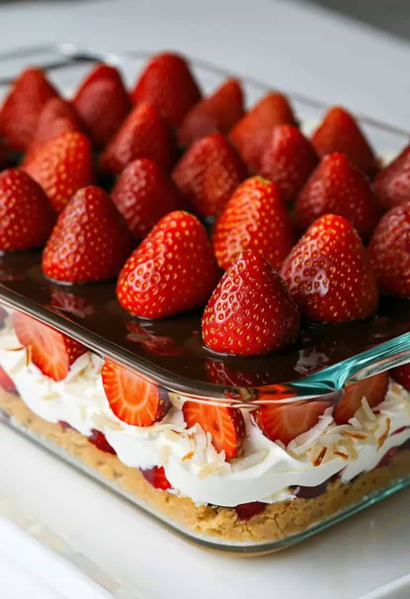 Foto deliciosa de Pavê de Prestígio com Morango pronta para servir - Sem Assar