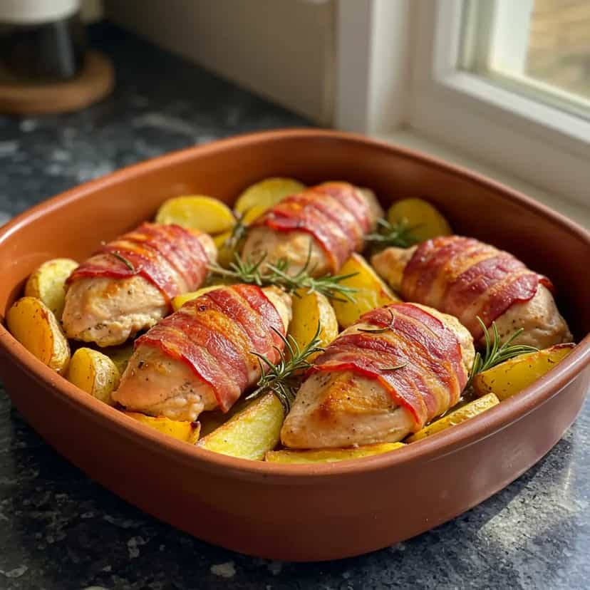 Foto deliciosa de Peito de Frango assado com Bacon e Batata pronta para servir - Carnes & Frango