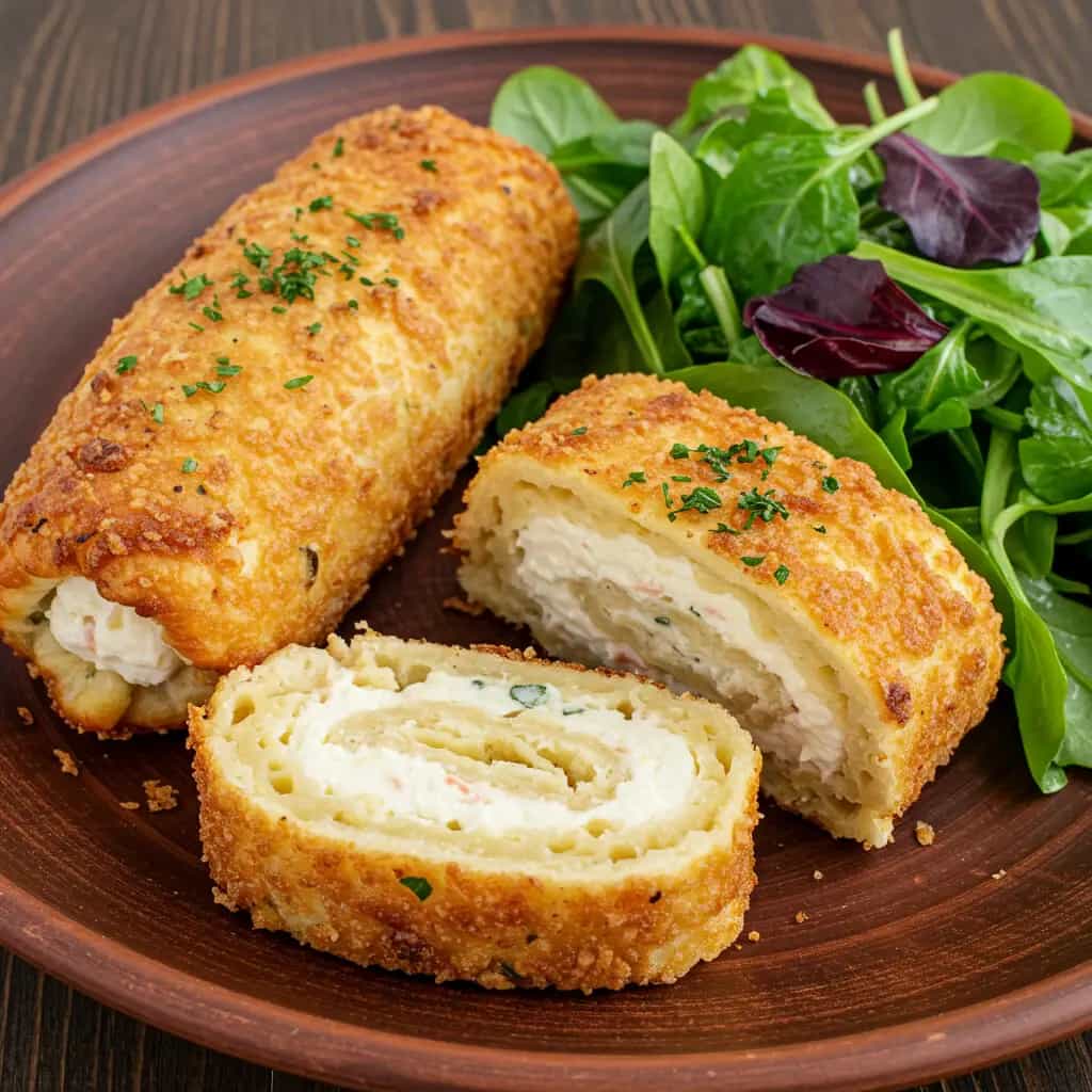 Peito de Frango Recheado com Coalho em Crepe de Mandioquinha