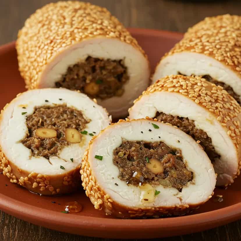 Foto deliciosa de Peito de Frango Recheado com Nozes e Carne Moída pronta para servir - Carnes & Frango