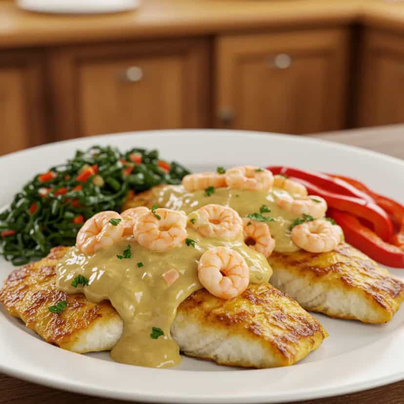 Foto deliciosa de Peixe ao molho de camarão e leite de coco pronta para servir - Peixes & Frutos do Mar