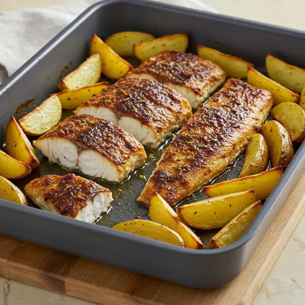 Peixe assado com batatas ao forno