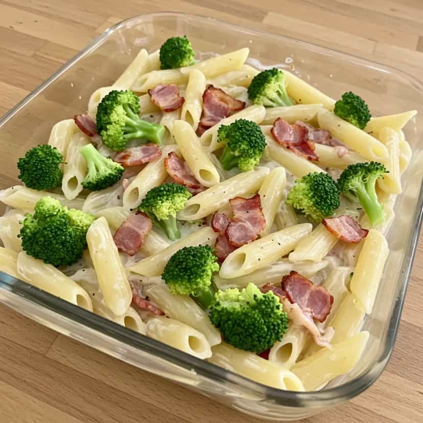 Foto deliciosa de Penne ao Molho Branco com Brócolis e Bacon pronta para servir - Massas & Macarrão