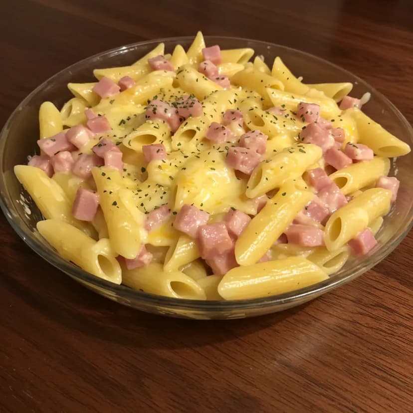 Penne ao Molho Branco com Presunto e Queijo