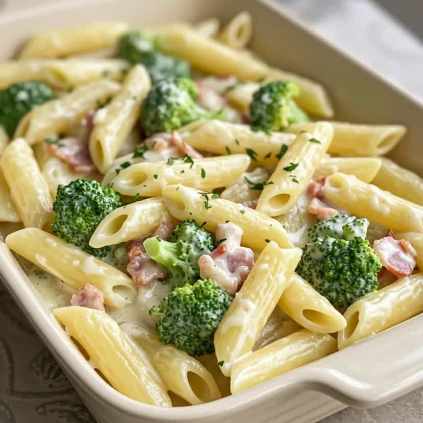 Foto deliciosa de Penne com Quatro Queijos, Bacon e Brócolis pronta para servir - Massas & Macarrão
