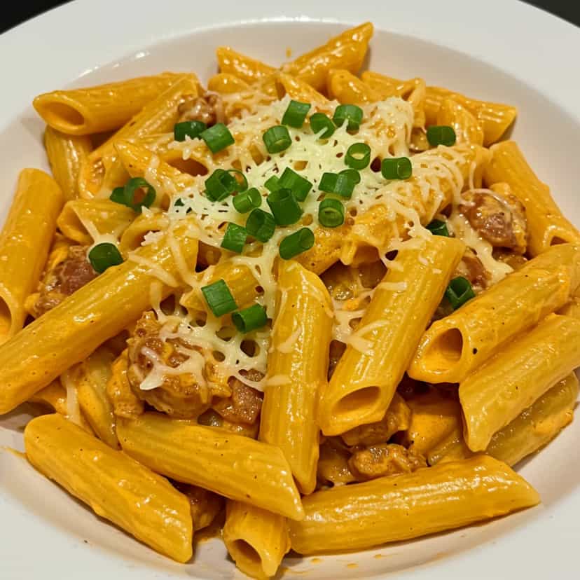 Foto deliciosa de Penne com tirinhas de calabresa defumada ao molho branco e vermelho pronta para servir - Massas & Macarrão