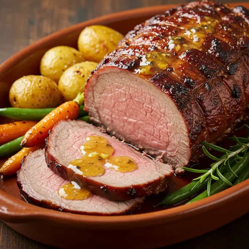 Foto deliciosa de Pernil de Cordeiro assado com Molho de Mostarda e Hortelã pronta para servir - Carnes & Frango