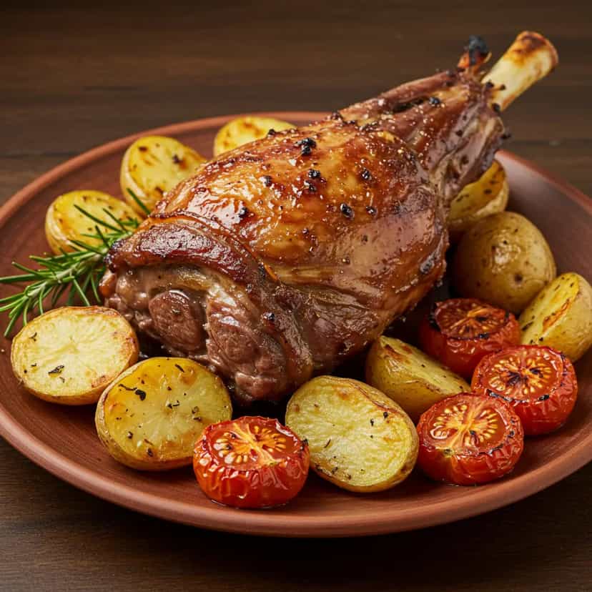 Foto deliciosa de Pernil de Cordeiro Assado com Tomates e Batatas pronta para servir - Carnes & Frango