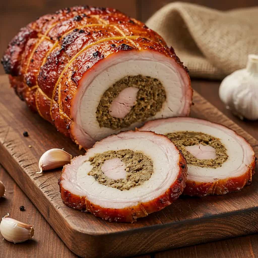 Pernil Recheado com Calabresa ao Molho de Cerveja