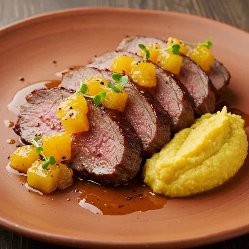 Foto deliciosa de Pernil Suíno Assado com Molho de Tangerina e Purê de Batata Doce pronta para servir - Carnes & Frango