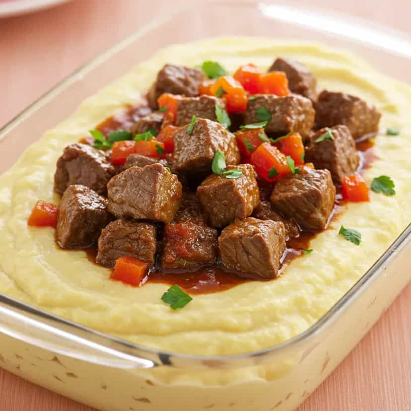 Foto deliciosa de Picadinho de Acém cremoso com Purê de Mandioca pronta para servir - Carnes & Frango