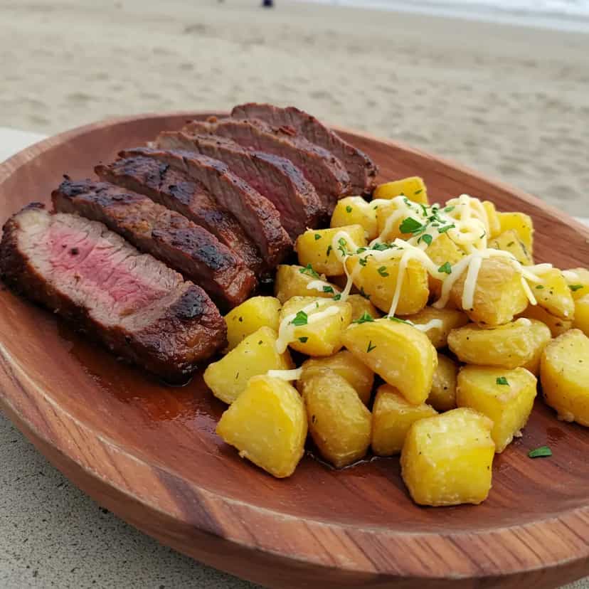 Foto deliciosa de Picanha na Chapa com Mandioca na Manteiga e Mussarela pronta para servir - Carnes & Frango