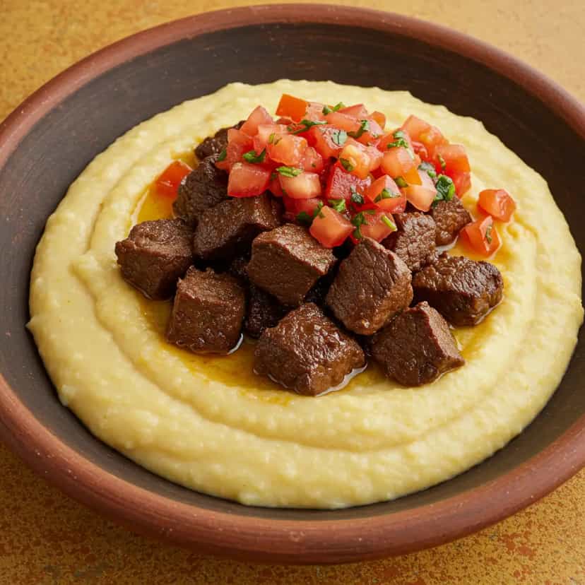 Foto deliciosa de Pirão Cremoso de Aipim com Carne-de-Sol pronta para servir - Pratos Brasileiros Icônicos