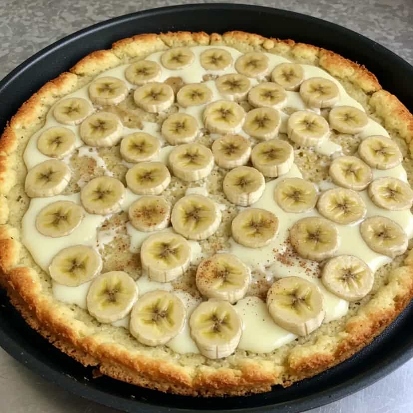 Foto deliciosa de Pizza de Banana com Coco e Leite Condensado pronta para servir - Outras Receitas