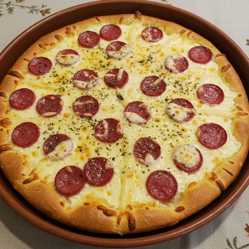 Foto deliciosa de Pizza de Calabresa com Massa de Pinhão pronta para servir - Pizzas & Salgados