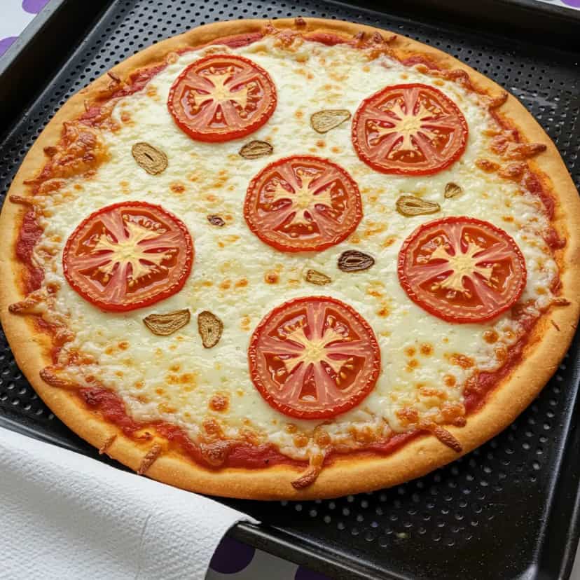 Foto deliciosa de Pizza de Mussarela, Tomate e Alho pronta para servir - Outras Receitas