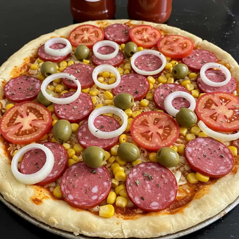 Foto deliciosa de Pizza Mista com Mussarela, Presunto e Calabresa pronta para servir - Pizzas & Salgados
