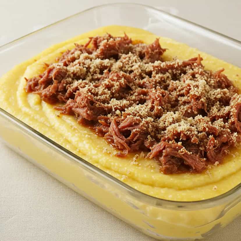 Foto deliciosa de Polenta cremosa com Calabresa e Cogumelos pronta para servir - Pratos Brasileiros Icônicos