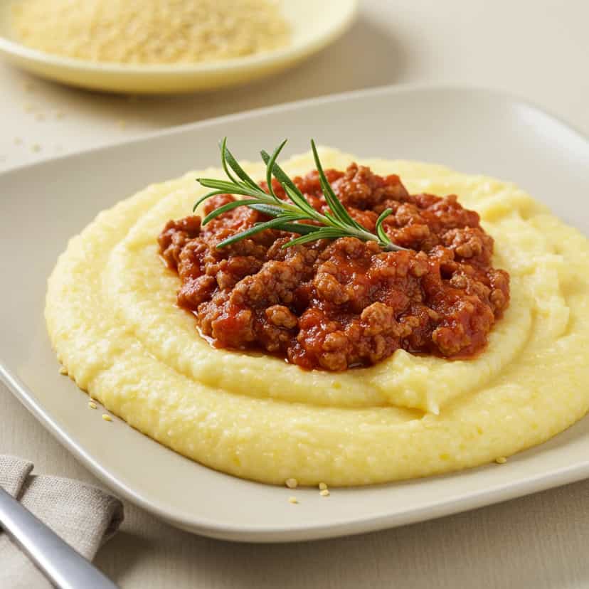 Foto deliciosa de Polenta Cremosa com Carne Moída e Lentilha pronta para servir - Almoço & Jantar